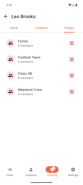 A tutor screen listing the groups a child belongs to, with member counts