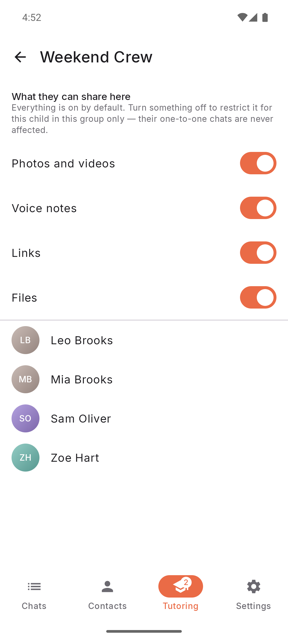 Per-group switches for photos and videos, voice notes, links and files