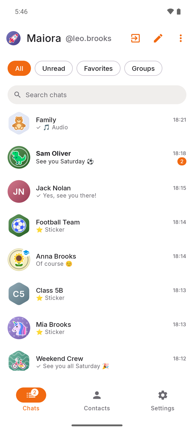 A child's chat list: family, friends, a class group and a football team
