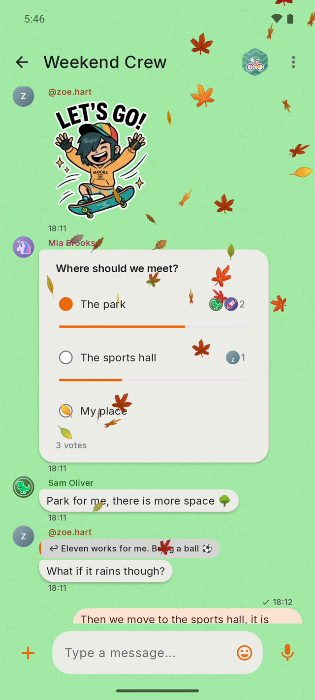 A friends' group chat with a sticker, a poll and autumn leaves falling across the screen