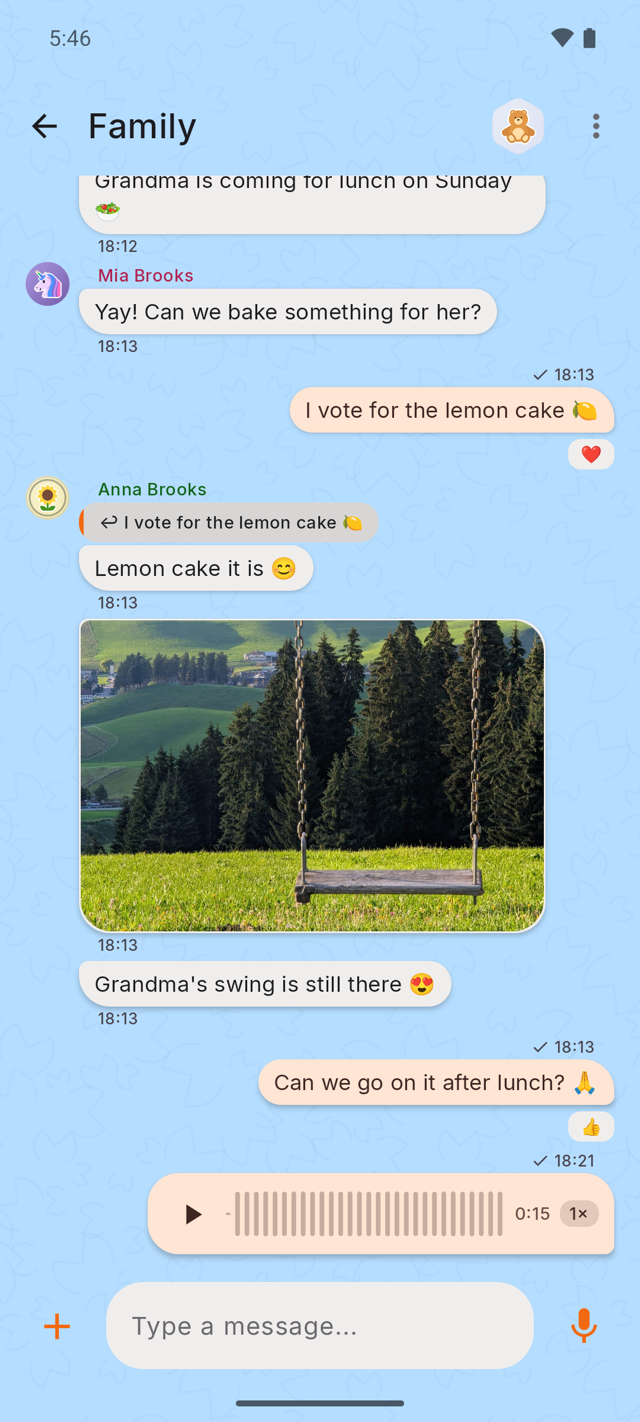 A family group chat with a parent, two children, a reaction and a sticker
