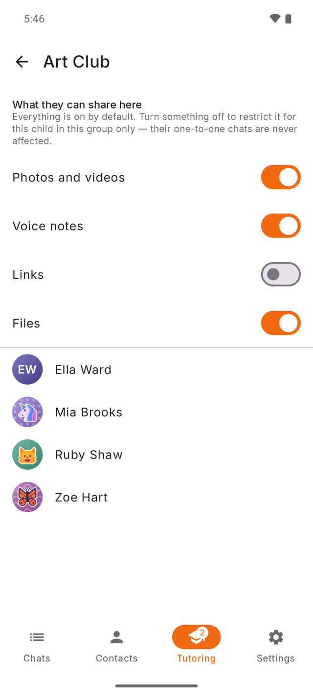 A parent's view of a group: what their child can share there, with links turned off, and who the members are