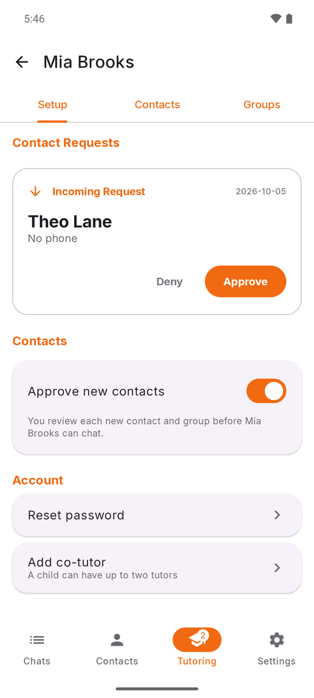 A parent's Tutoring tab with a contact request for their child, waiting for approval