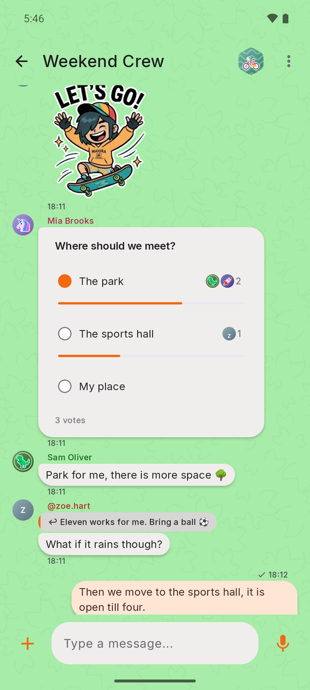 A poll inside a group chat, showing three options and who voted for each