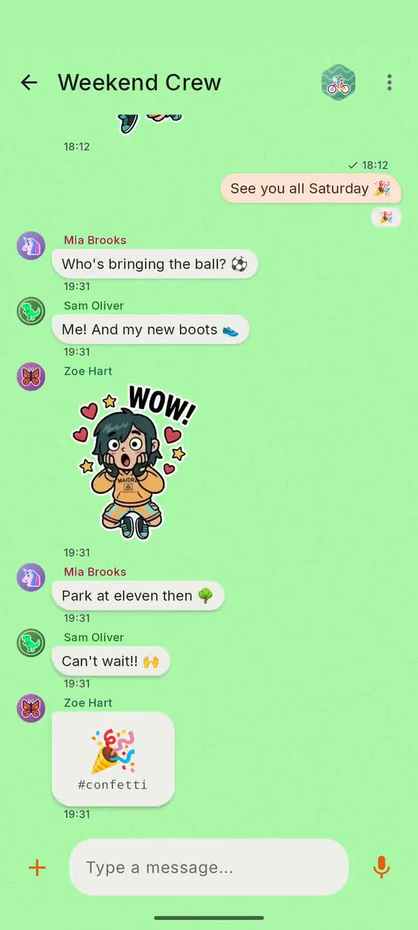 A Maiora group chat between children, with messages and stickers