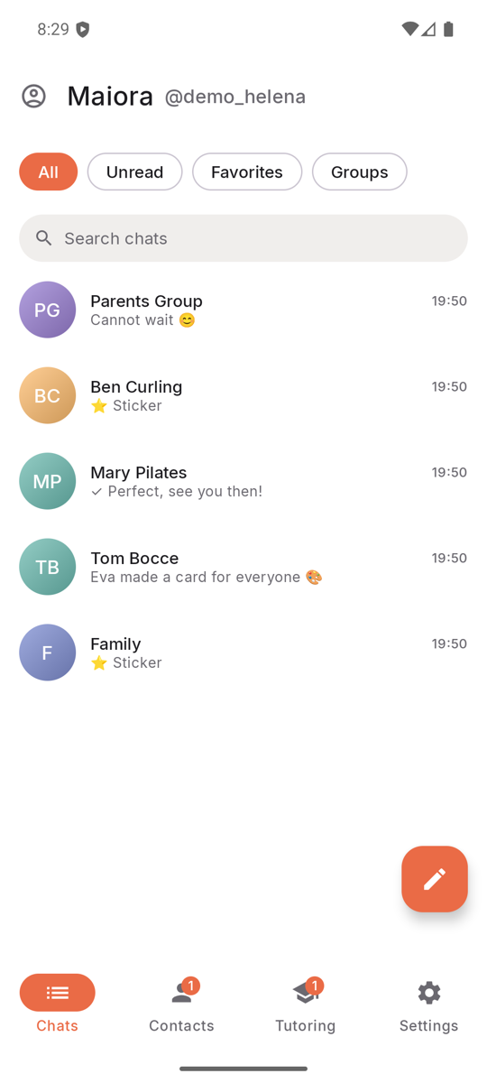A tutor's chat list, with the round profile icon at the top left circled