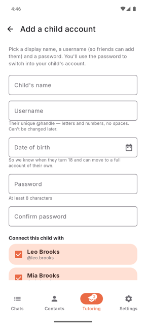 The form for creating a child account: name, username, date of birth and password