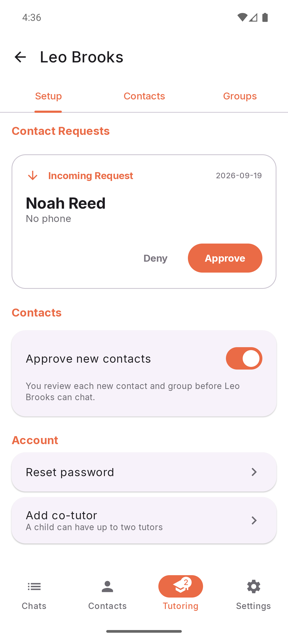 A tutor screen showing an incoming contact request with Deny and Approve buttons