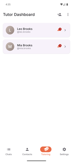 The Tutor Dashboard listing two children